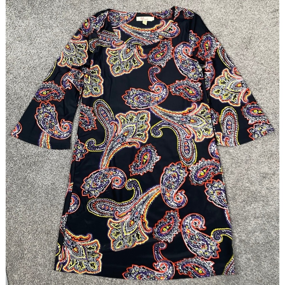 Aryeh Dress Womens Large Black Paisley Shift Stretch Anti Wrinkle Vacation Flare